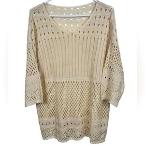 Knit lace cream crochet vneck summer sweater, L, long, Boho Hippie Beach Vibe